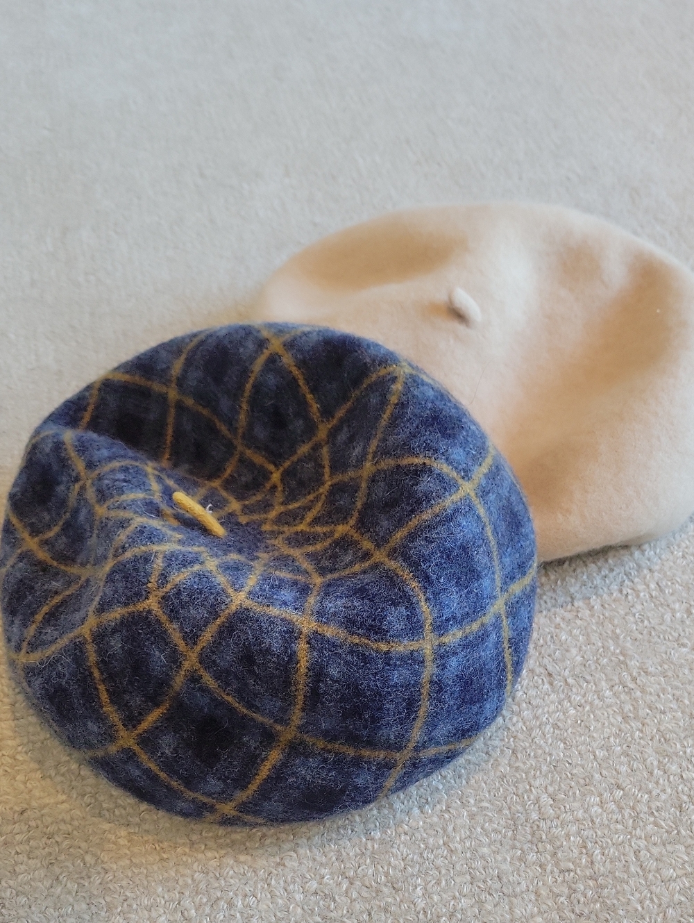 Blue Plaid Wool Beret & Cream Wool Beret - Set Of Two